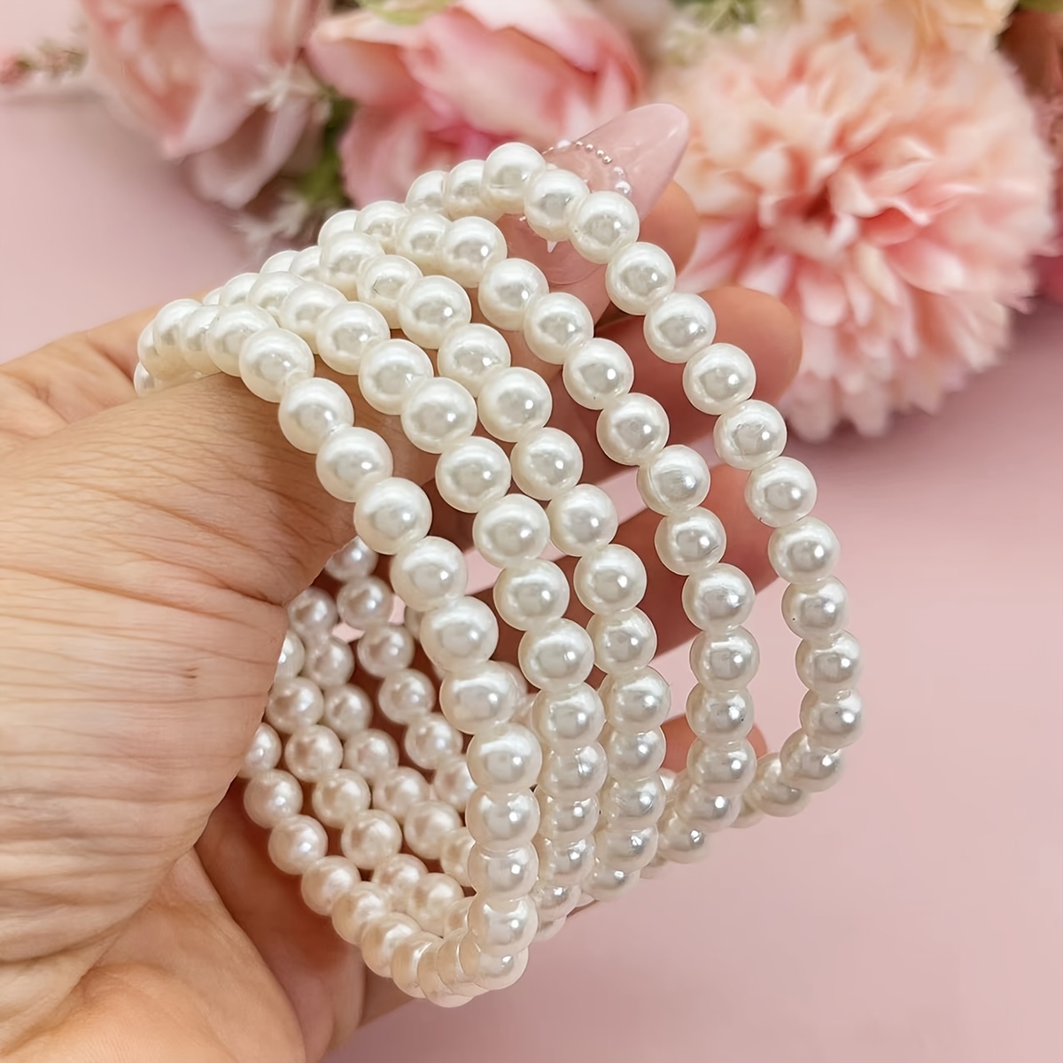 Imitation Pearl Stackable Elastic Bracelets Set, Colorful Everyday Wear